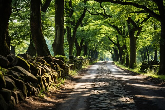 Ruhiger Weg, umgeben von einer malerischen Allee mit grünen Bäumen