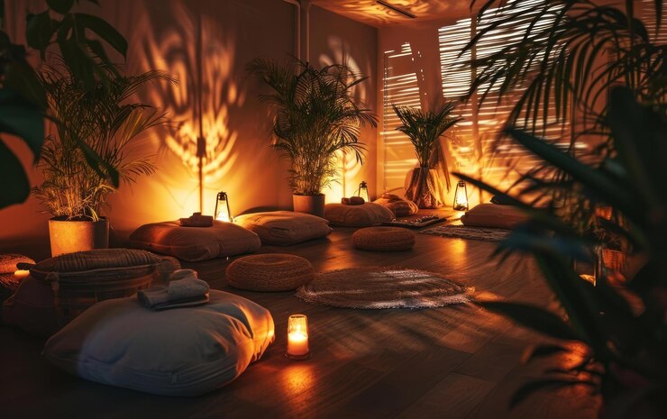 Foto ruhiger wellnessraum mit sanfter beleuchtung, der eine ruhige atmosphäre für die entspannung bietet