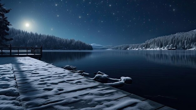 Foto ruhiger wintersee-weihnachtszauber im mondschein