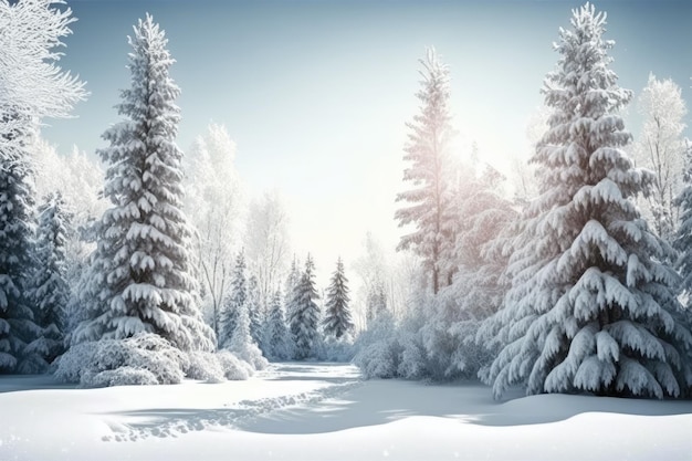 Ruhiger Winterwald mit schneebedeckten Bäumen Generative KI