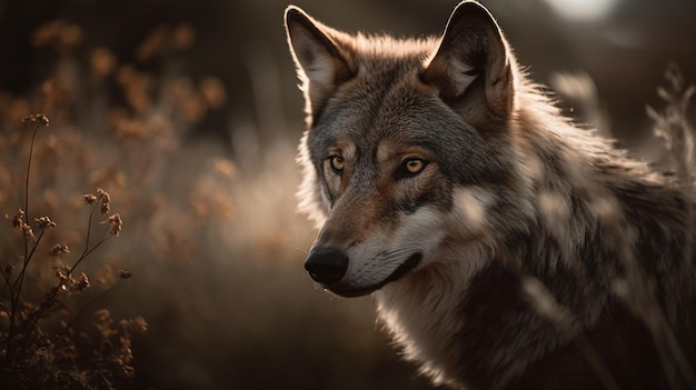 Ruhiger Wolf ruht auf grasbewachsener Wiese. Ein Blick auf die ruhige Wildnis