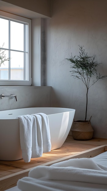 Foto ruhiges badezimmerinterieur mit freistehender badewanne und naturlicht