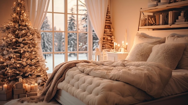Ruhiges Bild des Innenraums eines klassischen Neujahrsbaums, der in einem Zimmer mit Bett mit generativer KI geschmückt ist