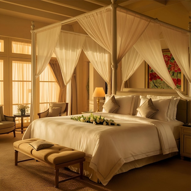 Ruhiges Luxus-Opulent-Resort-Schlafzimmer mit eleganter Dekoration und bequemem King-Bett
