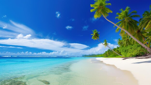 Ruhiges Meer und Strand mit kristallklarem Wasser und grünen Palmen, tropisches Paradies