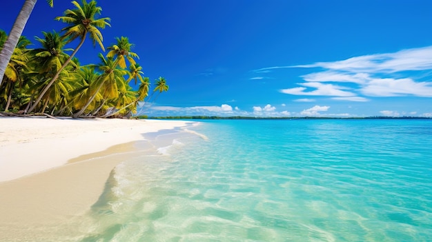 Ruhiges Meer und Strand mit kristallklarem Wasser und grünen Palmen, tropisches Paradies