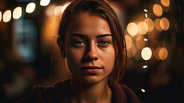 Ruhiges Porträt einer jungen Frau mit Bokeh-Lichthintergrund