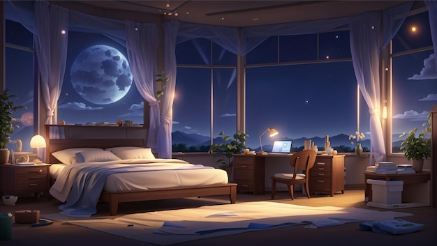 Ruhiges Schlafzimmer mit Computertisch und entspannendem Nachthimmel