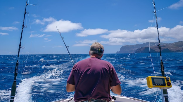 Ruhiges Seefischerei-Abenteuer Ein Mann genießt Tiefseefischerei Entspannende Ozean-Expedition Ruhiges Wasser Klarer Himmel Sommer-Hobby auf See KI