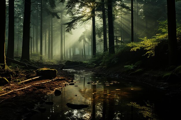 Ruhiges Waldbild, das Sonnenlicht durch die Bäume filtert