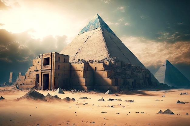 Ruína da cidade antiga ao pé da pirâmide egípcia feita com ai generativo