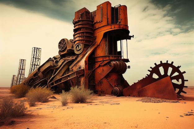 Ruína industrial com maquinaria quebrada e metal enferrujado na paisagem desolada