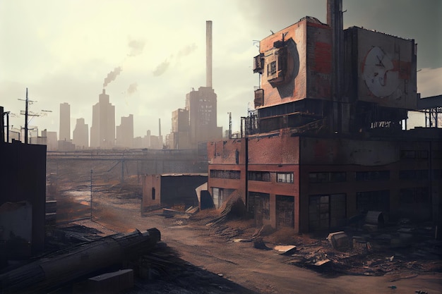 Ruina industrial con vistas al moderno y ajetreado paisaje urbano al fondo