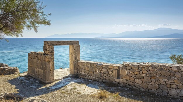 Foto ruina de puerta de piedra con vista al mar antiguo concepto de arquitectura y arqueología