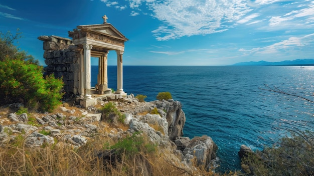 Ruina de puerta de piedra con vista al mar Antiguo concepto de arquitectura y arqueología