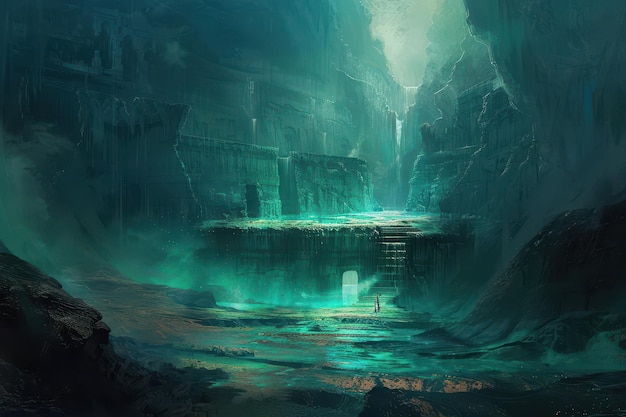 Ruinas alienígenas antiguas en una misteriosa caverna submarina con luz verde brillante