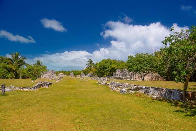 Ruínas antigas de Maya na zona arqueológica de El Rey perto de Cancun Yukatan México