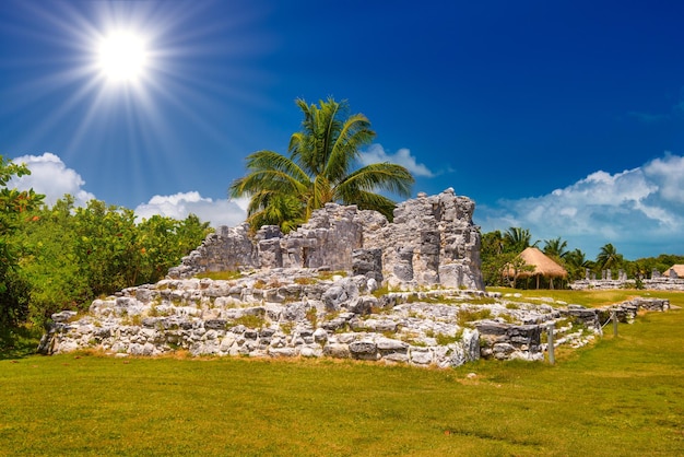 Ruínas antigas de Maya na zona arqueológica de El Rey perto de Cancun Yukatan México