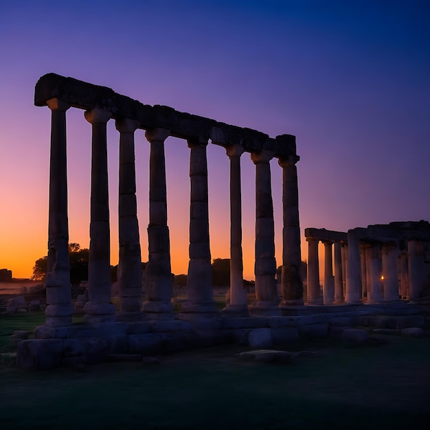 Foto ruínas antigas iluminadas no anoitecer da história