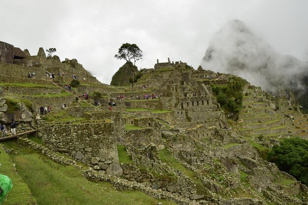 Ruinas de la antigua ciudad inca machu picchu en niebla Perú