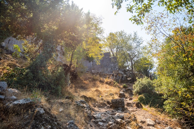 Ruinas de la antigua ciudad de Termessos sin turistas cerca de Antalya en Turquía