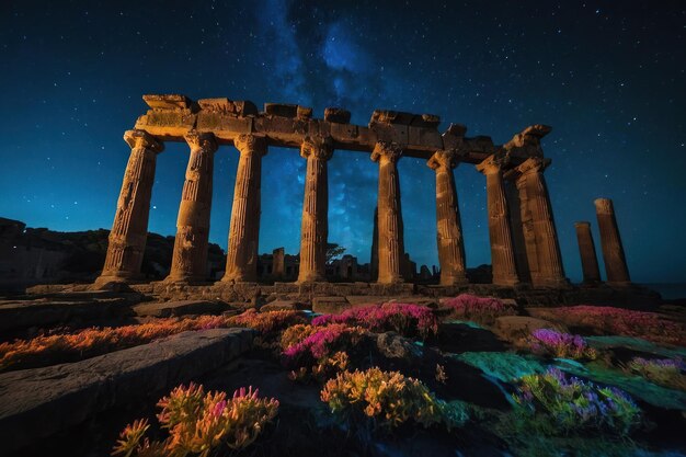 Foto ruinas antiguas bajo un cielo estrellado