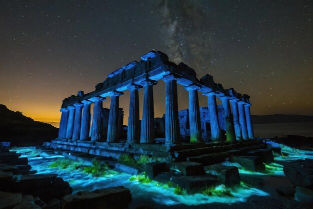 Ruinas antiguas bajo un cielo estrellado