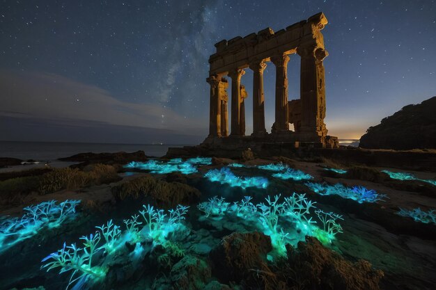 Foto ruinas antiguas bajo un cielo estrellado