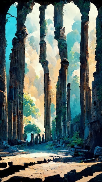 Ruinas antiguas de la historia antigua de la ciudad o del imperio en la ilustración del bosque 3D