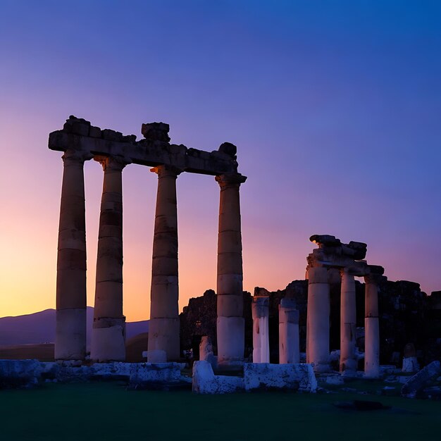 Foto ruinas antiguas iluminadas al anochecer de la historia