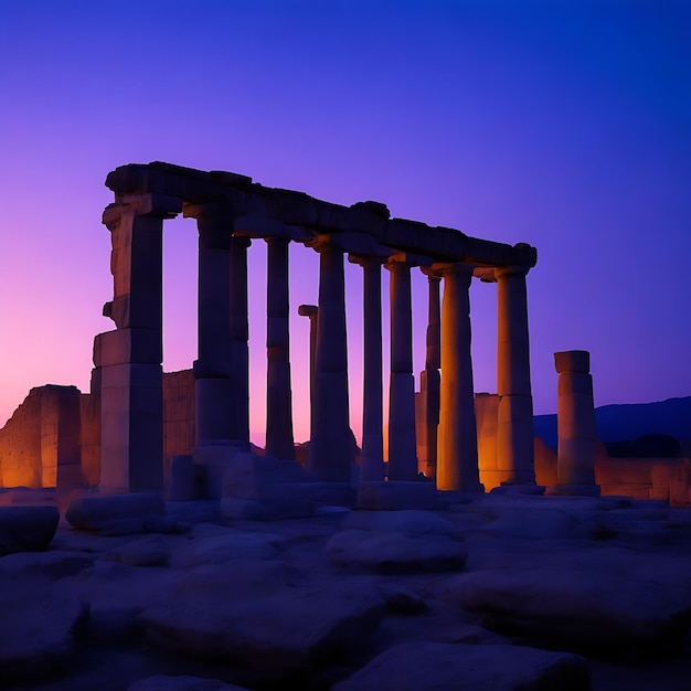 Foto ruinas antiguas iluminadas al anochecer de la historia