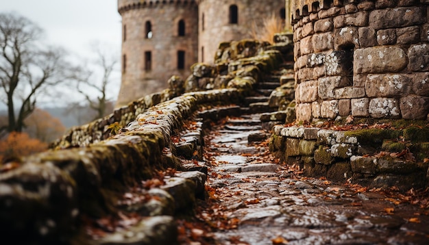 Foto ruinas antiguas en medio del bosque de otoño un viaje a través de la historia generado por la ia