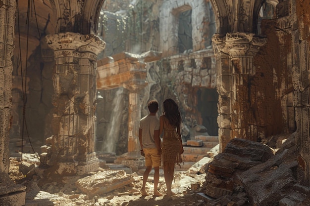 Ruinas antiguas con una pareja interracial descifrada