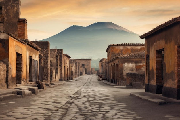 Ruinas antiguas de Pompeya con el Vesubio en el fondo