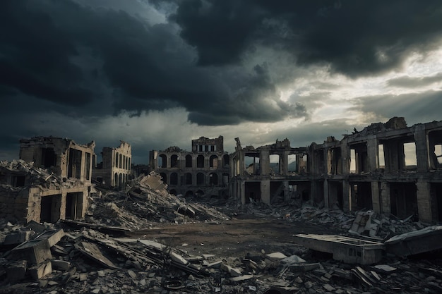 Ruinas de un antiguo edificio destruido bajo un cielo tormentoso