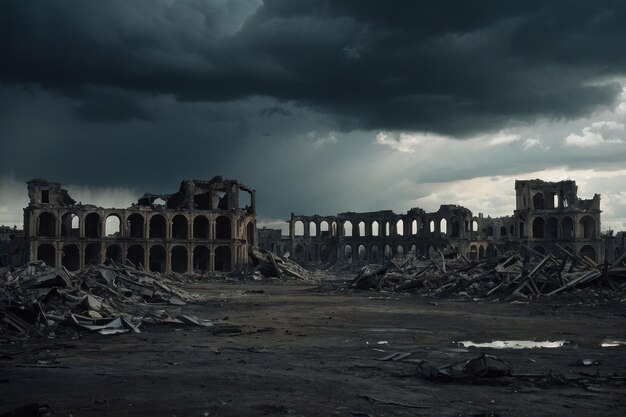 Ruinas de un antiguo edificio destruido bajo un cielo tormentoso