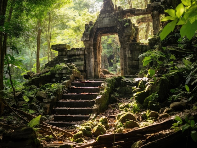 Ruinas de un antiguo templo en medio de la selva tropical