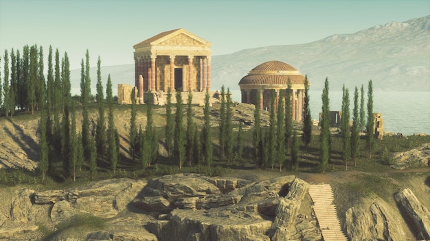 Ruinas de un antiguo templo romano cerca del agua rodeado de cipreses