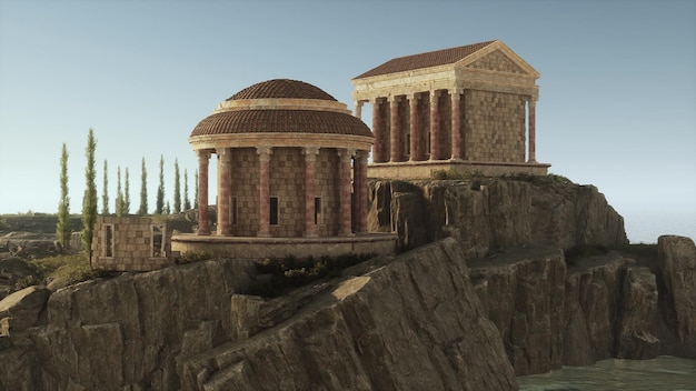 Ruinas de un antiguo templo romano con vistas a un paisaje rocoso a la luz del atardecer