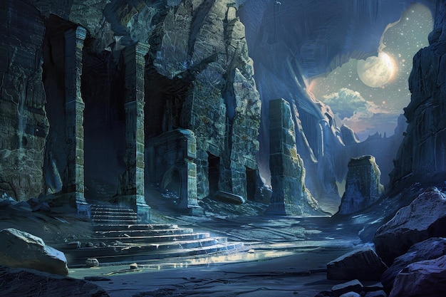 Ruinas de antiguos templos bañadas por la luz de la luna con agua que refleja el cielo estrellado de la noche