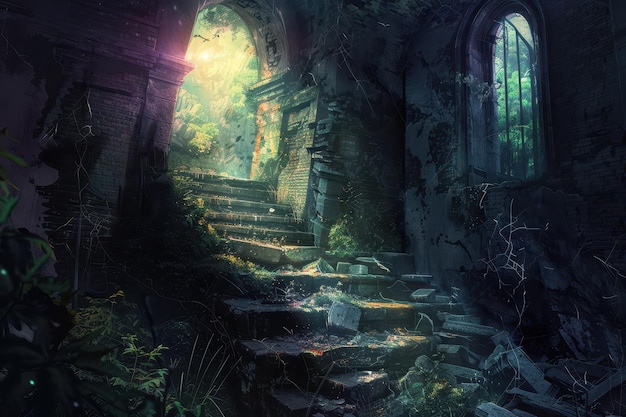 Ruinas de antiguos templos cubiertos por la naturaleza con una luz brillante que brilla a través de la puerta