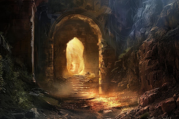 Ruinas de antiguos templos con entrada brillante y atmósfera misteriosa