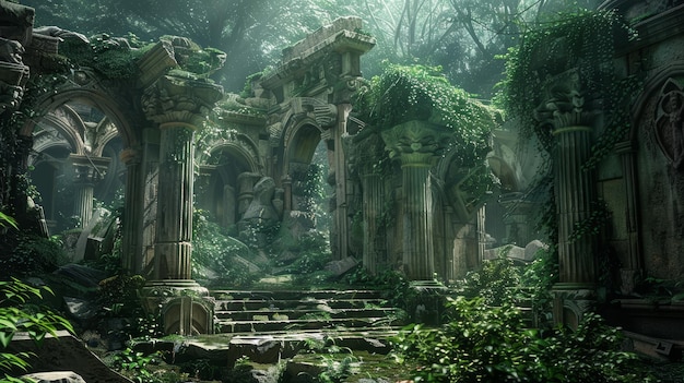 Ruinas del bosque encantado iluminadas por la luz del sol Arquitectura histórica cubierta de vegetación