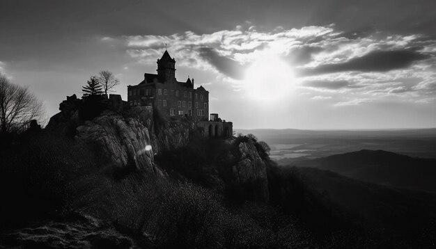 Foto ruinas de la capilla medieval en la cima de la montaña iluminadas por una espeluznante puesta de sol generada por inteligencia artificial