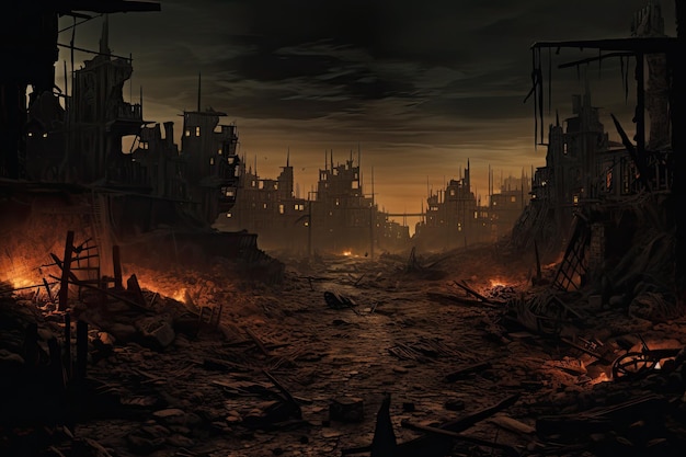 Ruinas de una ciudad destruida por el fuego Representación 3D Una imagen inquietante de un paisaje urbano que alguna vez fue vibrante transformado en un paisaje infernal decadente de pesadilla Generado por IA