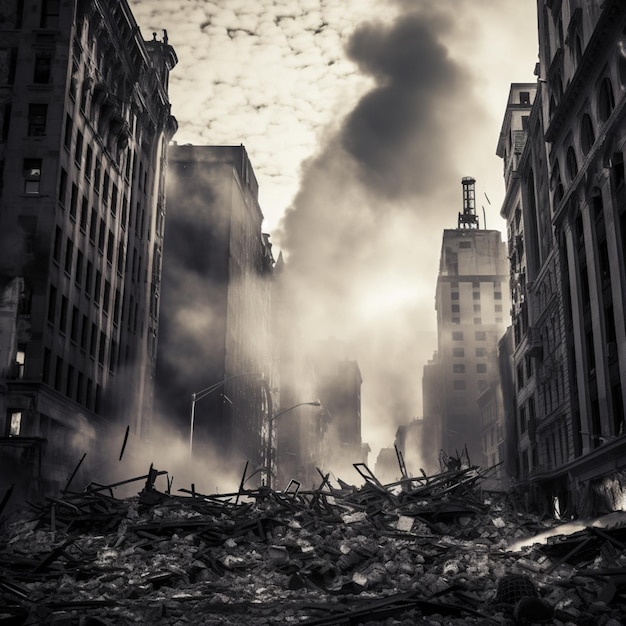 Las ruinas de la ciudad destruida imagen en blanco y negro arte generado por IA
