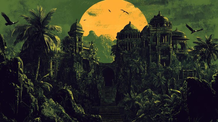 Ruinas cubiertas de vegetación bajo una luna tropical