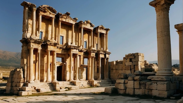 Foto ruínas da antiga biblioteca celso em éfeso, turquia, sob o céu azul