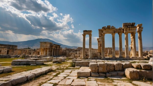 Ruínas de arcos romanos antigos contra montanhas