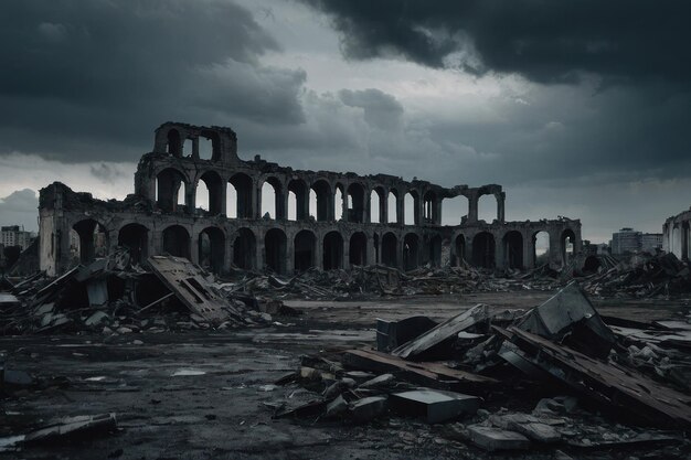 Ruínas de um antigo edifício destruído sob um céu tempestuoso